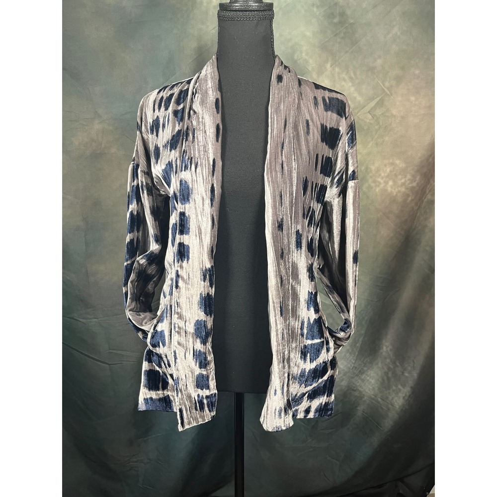 Pure Jill Velvet Open Front Cardigan Jacket Grey Navy Blue Ikat Print XS Petite